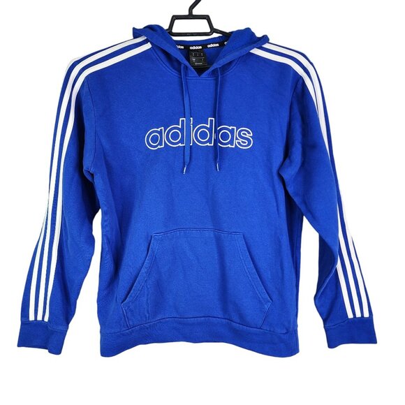 Mens Blue Adidas Pullover Hoodie Sweatshirt w/ White Stripes Long Sleeve M - Picture 1 of 11